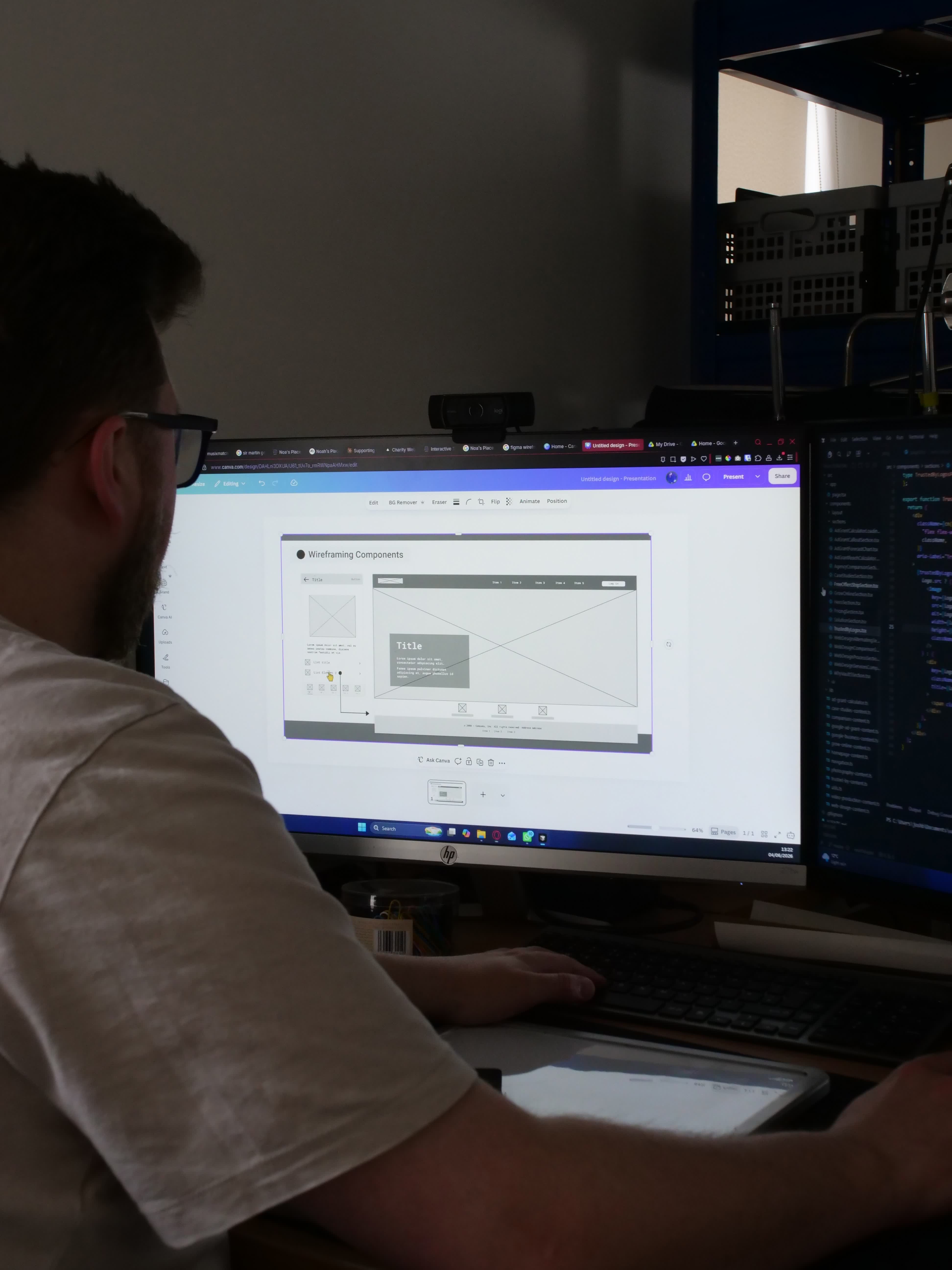 Josh working on a website mockup wireframe for a charity